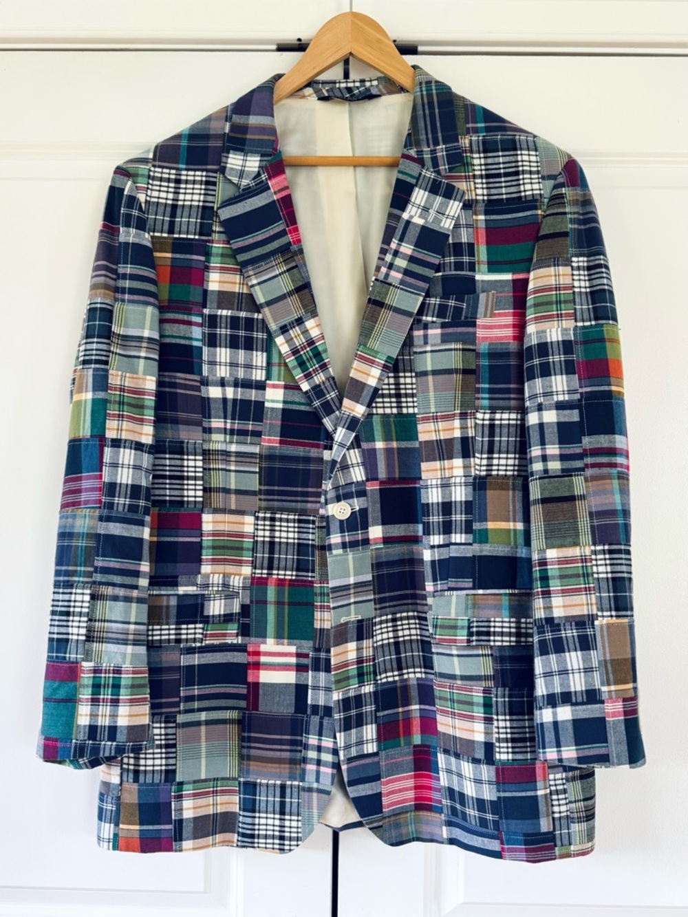 Jos. A. Bank Patchwork Cotton Madras Plaid Blazer Colorful Lined Men's Size 44 L